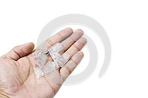 Hand lan network cable on hand white background