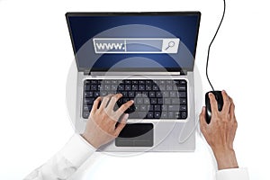 Hand with laptop and www text