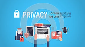 Hand laptor GDPR isometric data privacy on blue background network protection of personal storage General Data