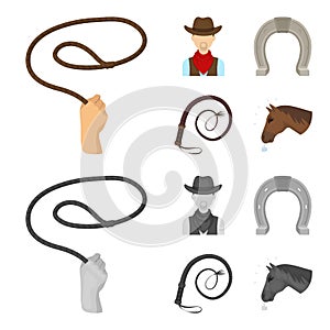 Hand lasso, cowboy, horseshoe, whip. Rodeo set collection icons in cartoon,monochrome style vector symbol stock