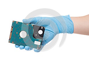 Hand in latex surgical glove hold hard disc, isolated on a white background. Hard drive in hand