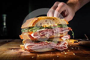 hand layering smoked ham on a sandwich
