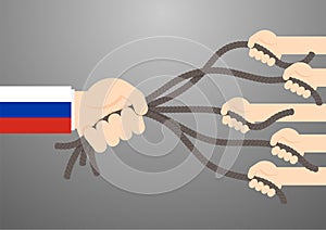 Hand of Leader Russia flag and people pull rope tug of war game, Protest for Peace and Stop war concept, flat design