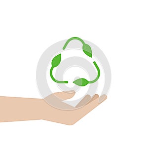 Hand with leaf ecology recycle sign. Vector illustration on white background