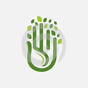 Hand and Leaf Logo.  Green Leaves Logo. Vector Leaf Nature. Healthcare Logo. Eco Natural Organic