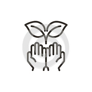 Hand with leaf plant sprout. Vector thin line icon outline illustration. Sustainability, environment, bio organic products and
