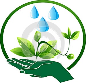 Hand leaf and water drop plant concept vector icon