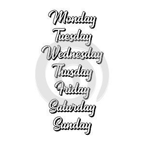 Hand Lettered Days of the Week. Calligraphy words Monday, Tuesday, Wednesday, Thursday, Friday, Saturday, Sunday