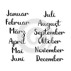 Hand Lettered Months Set in German. Translated January, February, March, April, May, June, July, August, September