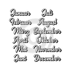 Hand Lettered Months Set in German. Translated January, February, March, April, May, June, July, August, September