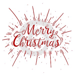 Hand lettered red Merry Christmas text with burst.