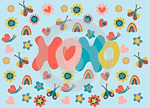 Hand-lettered word Xoxo. Love, Romance, Valentines Day concept. Retro 60s, 70s design