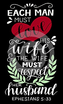 Hand lettering with bible verse Each man must love his wife on black background.