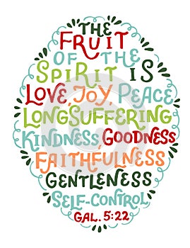 Hand lettering with bible verse The fruit of the Spirit is love, joy, peace. photo