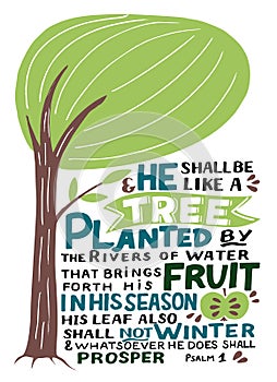 Hand lettering with Bible verse He shall be like a tree. Psalm 1