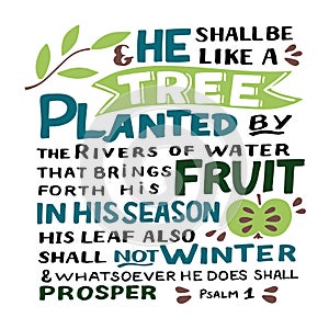 Hand lettering with Bible verse He shall be like a tree Psalm 1