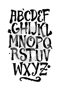 Hand lettering fantasy ink font. Vector alphabet