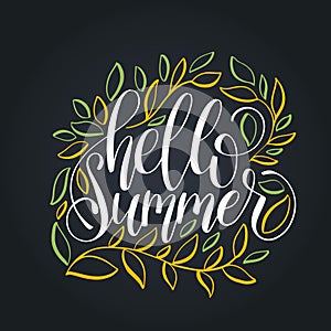 Hand lettering inspirational poster Hello Summer.Calligraphy on leaves background. Vector fun quote illustration.