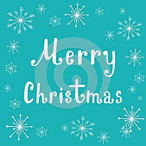 Hand lettering Merry Christmas vector text with snowflakes, Calligraphic Lettering template, Creative typography for
