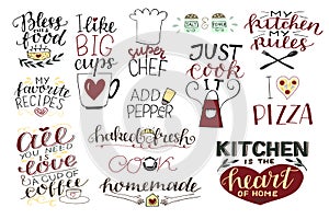 14 hand-lettering quotes about food, coffee, tea, kitchen Homemade. Add paper. Bless food. Super chef. Just cook it. I photo