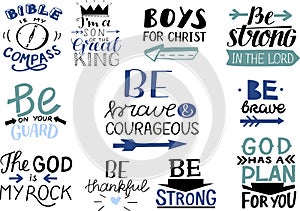Logo set with Bible verse and Christian quotes Bible is my compass, Be brave and courageous. photo