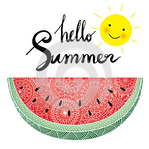 Hand lettering with zendoodle fresh watermelon and cute sun photo