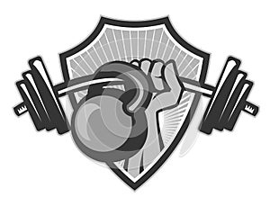 Hand Lifting Barbell Kettlebell Crest Grayscale photo