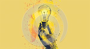 Hand with lightbulb in halftone style. Concept of idea and inspiration with copyspace for template.