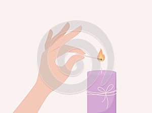 Hand lighting a candle with a burning match. Vector illustration