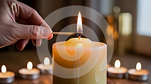 Hand lighting a large candle with a match surrounded by tea lights