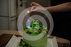 Hand lights a candle on Birthday cake