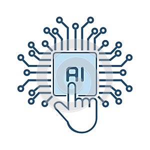 hand line touching on a chip of circiut system symbol, icon, for robotic machine technology used in AI innovation icon design photo