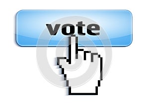 Hand link selection computer mouse cursor pressing glossy button with vote text isolated on white background