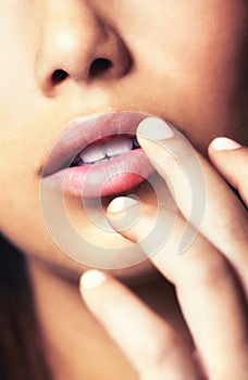 Hand on lips, beauty and closeup of woman for cosmetic care, smooth skin and dermatology for skincare. Natural, wellness