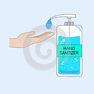 Hand liquid disinfectant sanitizer pump bottle with humanâ€™s hand symbol to get the alcohol gel or liquid anti-bacteria soap from