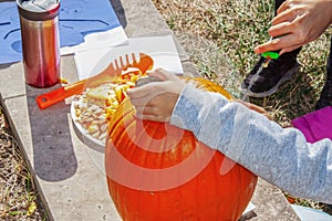 Hand of little boy and parent carving Halloween pumpkin outdoors with paper plate full of seeds and pulp nearby