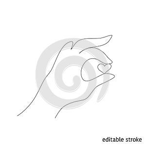 Hand with Little Heart in Linear Style. Sketchy Romantic Concept. Outline Simple Artwork with Editable Stroke. Vector Illustration