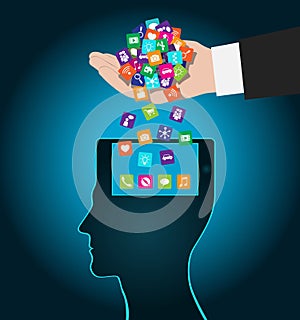 Hand loads icons head. Mobile apps installed into the brain, replacing the mind