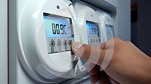 A hand located near a smart electricity meter, controlling consumption
