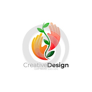 Hand logo and leaf design combination, nature icons