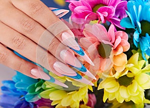 Hand with long artificial french manicured nails. Fashion and stylish manicure.