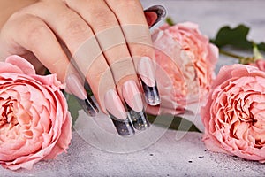 Hand with long artificial manicured nails colored with black nail polish