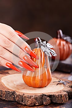 Hand with long artificial manicured nails colored with orange nail polish and pumpkin