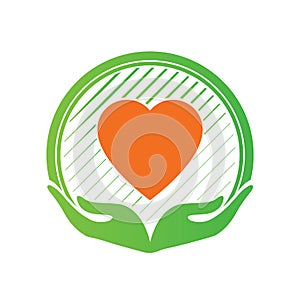 Hand and Love Logo, icon and Sign vector in charity and Share concept with hand hold an orange love icon.