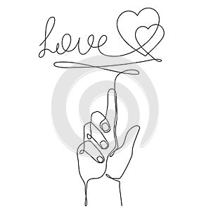 Hand with love word one-line art, continuous drawing contour,hand-drawn romantic design.Bridal, nuptials,