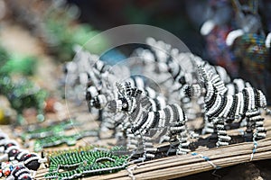 Hand made African bead art of Zebras at an open air market