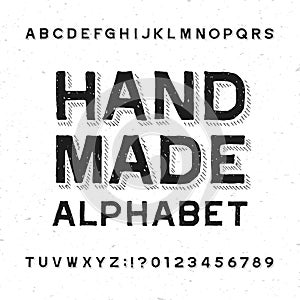 Hand made alphabet font. Distressed vintage letters and numbers on a grunge background.