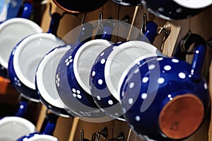 Hand-made ceramic cups on a street market