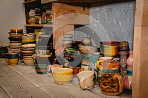 Hand made ceramic tableware, Collection of colorful clay pottery ceramics