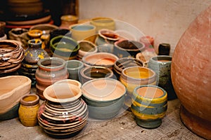 Hand made ceramic tableware, Collection of colorful clay pottery ceramics